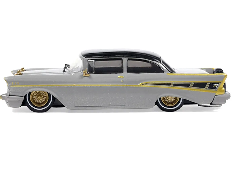 1957 Chevrolet Bel Air Lowrider Gray with Black Top and Gold Accents 1/64 Diecast Model Car by IXO Models