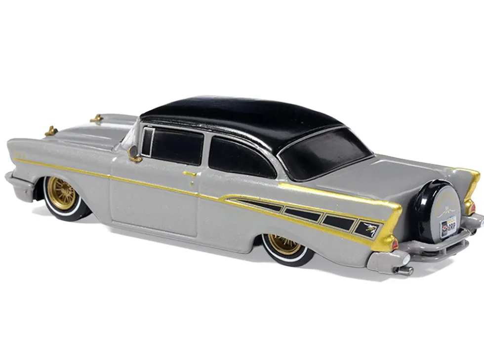 1957 Chevrolet Bel Air Lowrider Gray with Black Top and Gold Accents 1/64 Diecast Model Car by IXO Models