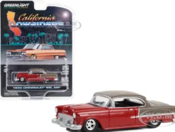1955 Chevrolet Bel Air Lowrider Ruby Red and Matt Bronze California Lowriders Series 3 1/64 Diecast Model Car Greenlight 63040A