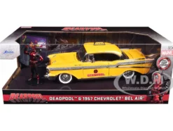 1957 Chevrolet Bel Air Taxi Yellow Deadpool Diecast Figure Marvel Series 1/24 Diecast Model Car Jada 30290