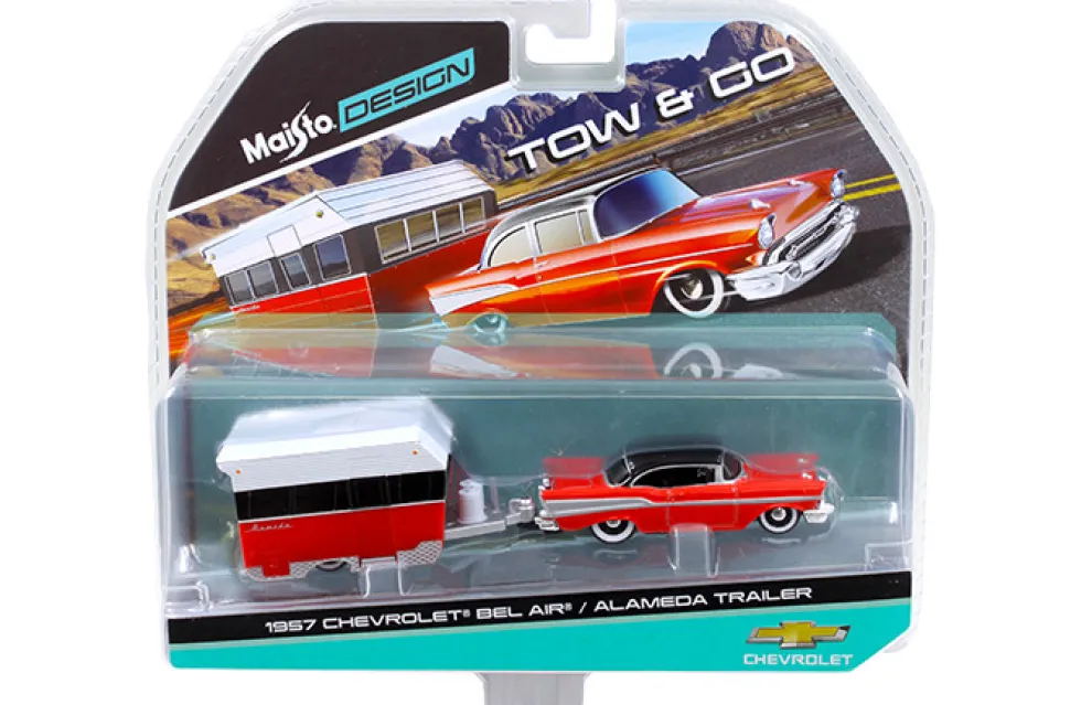 1957 Chevrolet Bel Air with Alameda Trailer Red Tow & Go 1/64 Diecast Model Maisto 15368-B