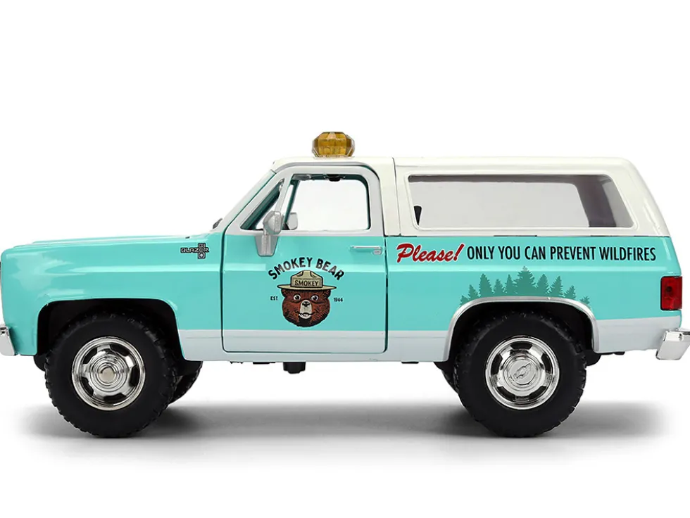 1980 Chevrolet Blazer Light Green with White Top and Graphics and Smokey Bear Diecast Figure "Smokey Bear" "Hollywood Rides" Series 1/24 Diecast Model by Jada