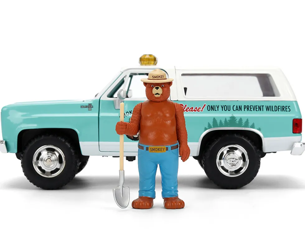 1980 Chevrolet Blazer Light Green with White Top and Graphics and Smokey Bear Diecast Figure "Smokey Bear" "Hollywood Rides" Series 1/24 Diecast Model by Jada