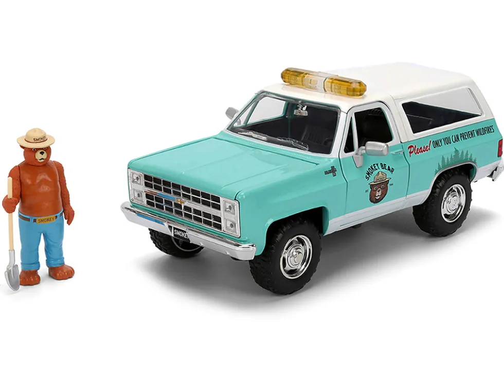 1980 Chevrolet Blazer Light Green with White Top and Graphics and Smokey Bear Diecast Figure "Smokey Bear" "Hollywood Rides" Series 1/24 Diecast Model by Jada