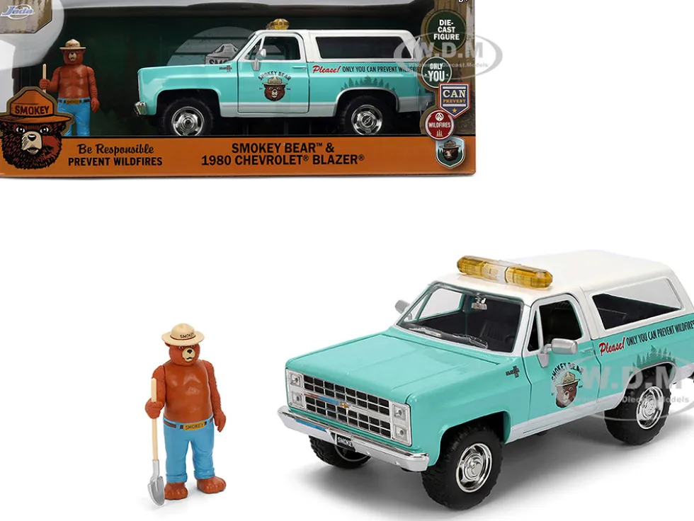 1980 Chevrolet Blazer Light Green with White Top and Graphics and Smokey Bear Diecast Figure "Smokey Bear" "Hollywood Rides" Series 1/24 Diecast Model by Jada