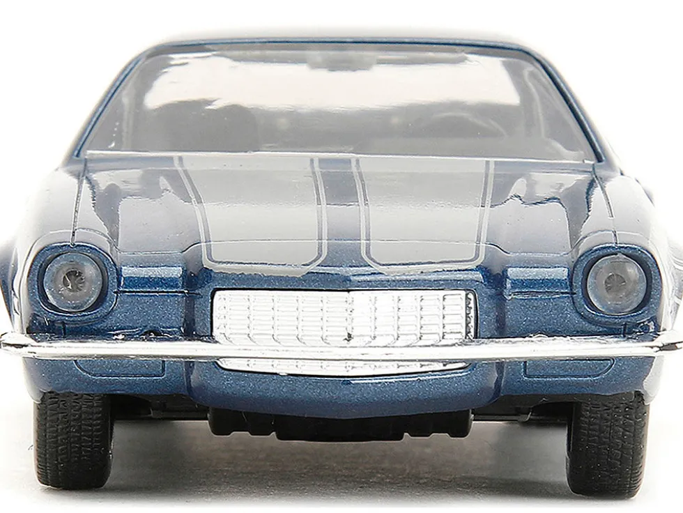 1973 Chevrolet Camaro Dark Blue Metallic with Gray Stripes and Winter Soldier Diecast Figure Marvel Avengers Hollywood Rides Series 1/32 Diecast Model Car Jada 33073