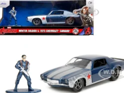1973 Chevrolet Camaro Dark Blue Metallic with Gray Stripes and Winter Soldier Diecast Figure Marvel Avengers Hollywood Rides Series 1/32 Diecast Model Car Jada 33073