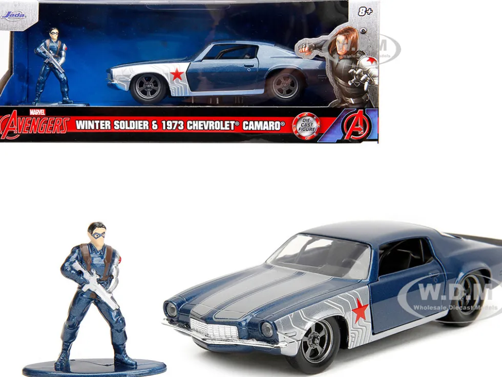 1973 Chevrolet Camaro Dark Blue Metallic with Gray Stripes and Winter Soldier Diecast Figure Marvel Avengers Hollywood Rides Series 1/32 Diecast Model Car Jada 33073