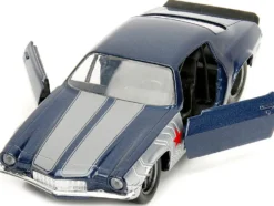 1973 Chevrolet Camaro Dark Blue Metallic with Gray Stripes and Winter Soldier Diecast Figure Marvel Avengers Hollywood Rides Series 1/32 Diecast Model Car Jada 33073