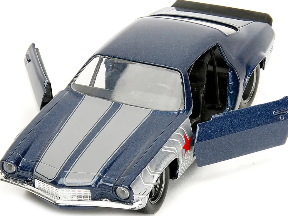 1973 Chevrolet Camaro Dark Blue Metallic with Gray Stripes and Winter Soldier Diecast Figure Marvel Avengers Hollywood Rides Series 1/32 Diecast Model Car Jada 33073