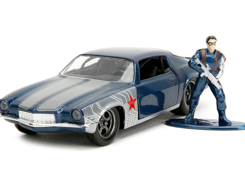 1973 Chevrolet Camaro Dark Blue Metallic with Gray Stripes and Winter Soldier Diecast Figure Marvel Avengers Hollywood Rides Series 1/32 Diecast Model Car Jada 33073