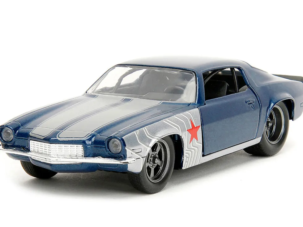 1973 Chevrolet Camaro Dark Blue Metallic with Gray Stripes and Winter Soldier Diecast Figure Marvel Avengers Hollywood Rides Series 1/32 Diecast Model Car Jada 33073