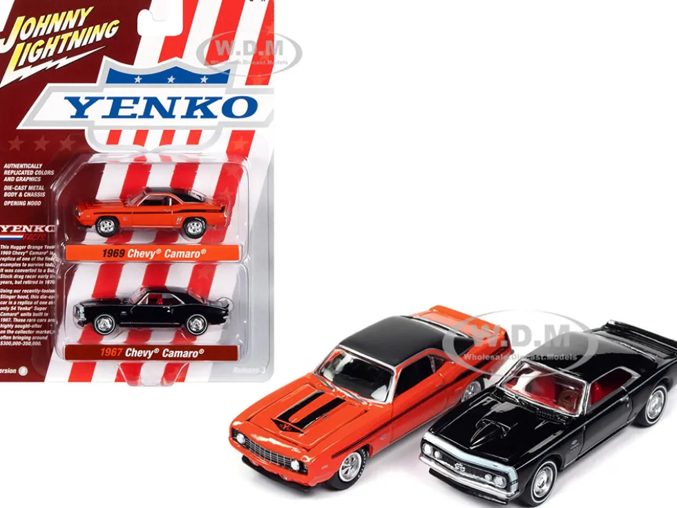 1969 Chevrolet Camaro Hugger Orange with Black Top and Stripes and 1967 Chevrolet Camaro Black with White Stripe and Red Interior Yenko Series Set of 2 Cars 1/64 Diecast Model Cars Johnny Lightning JLPK019-JLSP276B