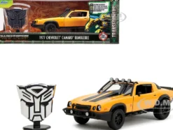 1977 Chevrolet Camaro Off Road Version Bumblebee Yellow Metallic with Black Stripes and Transformers Logo Diecast Statue Transformers Rise of the Beasts 2023 Movie Hollywood Rides Series 1/24 Diecast Model Car Jada 34263