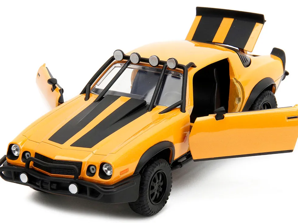 1977 Chevrolet Camaro Off Road Version Bumblebee Yellow Metallic with Black Stripes and Transformers Logo Diecast Statue Transformers Rise of the Beasts 2023 Movie Hollywood Rides Series 1/24 Diecast Model Car Jada 34263