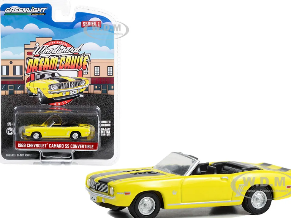 1969 Chevrolet Camaro SS Convertible Yellow with Black Stripes 17th Annual Woodward Dream Cruise Featured Heritage Vehicle 2011 Woodward Dream Cruise Series 1 1/64 Diecast Model Car Greenlight 37280B