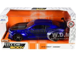 2016 Chevrolet Camaro Widebody Candy Blue Gray Metallic Hood American Flag Graphics Bigtime Muscle Series 1/24 Diecast Model Car Jada 32993