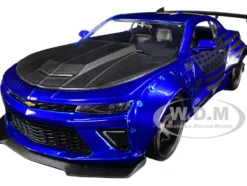 2016 Chevrolet Camaro Widebody Candy Blue Gray Metallic Hood American Flag Graphics Bigtime Muscle Series 1/24 Diecast Model Car Jada 32993