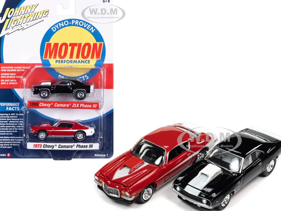 1969 Chevrolet Camaro ZLX Phase III Black with White Stripes and 1973 Chevrolet Camaro Phase III Medium Red and White Baldwin Motion Set 2 Cars 1/64 Diecast Model Cars Johnny Lightning JLPK017-JLSP240B