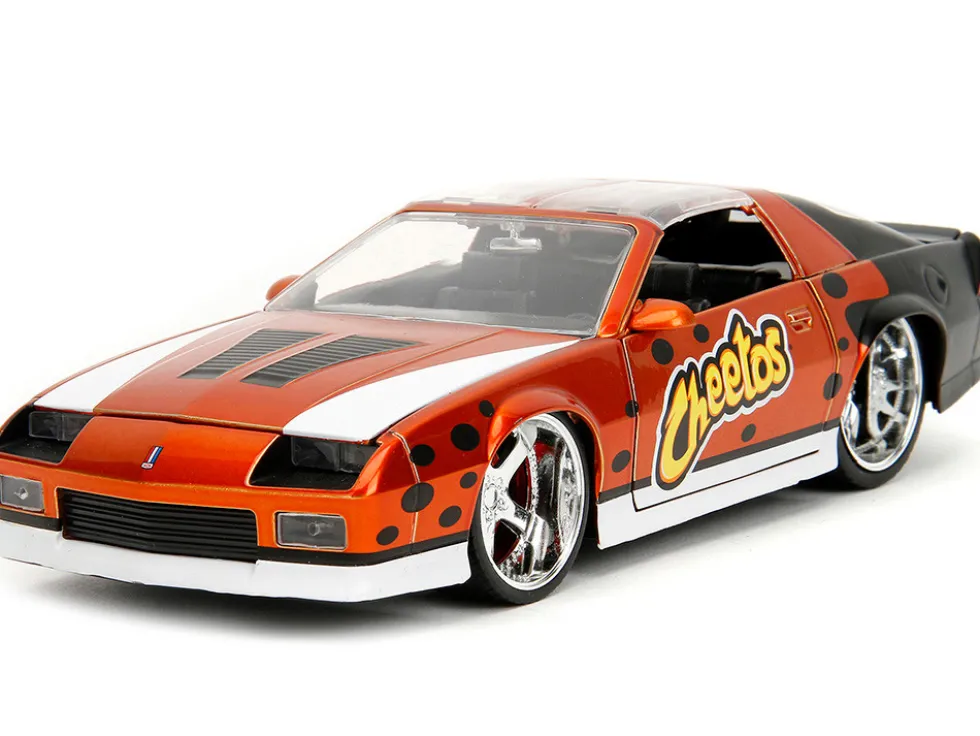 1985 Chevrolet Camaro Z 28 Orange Metallic with Graphics and Chester Cheetah Diecast Figure Cheetos Hollywood Rides Series 1/24 Diecast Model Car Jada 34384