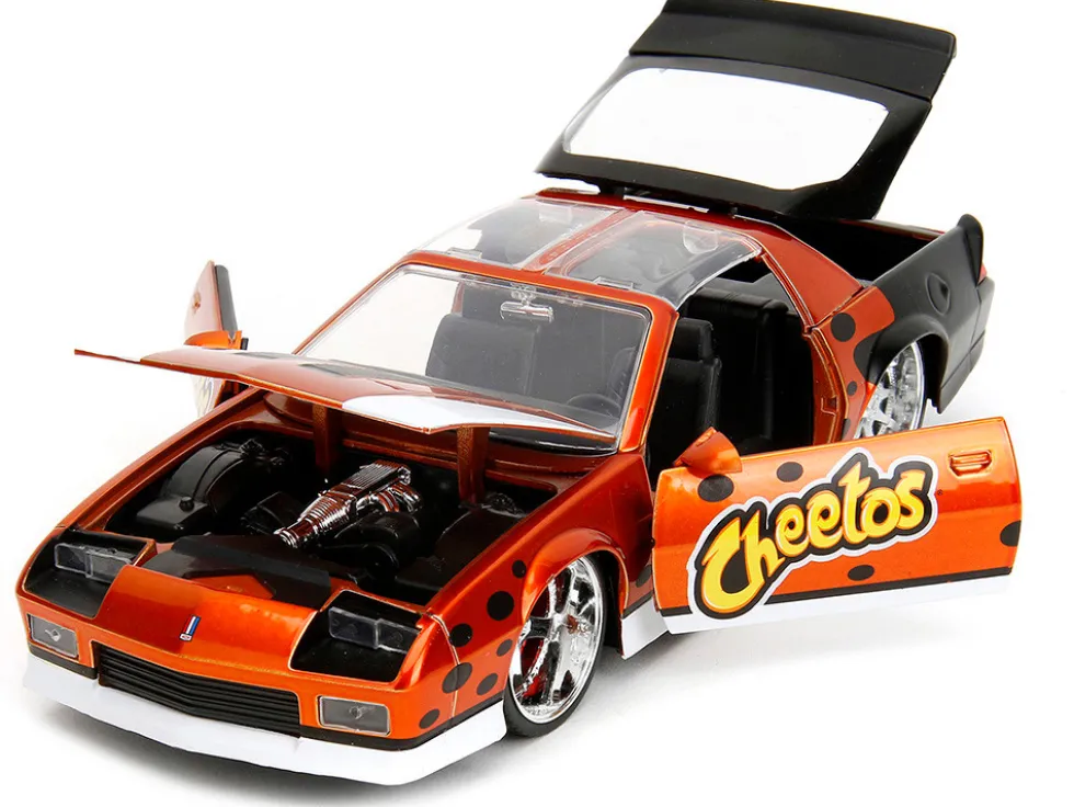 1985 Chevrolet Camaro Z 28 Orange Metallic with Graphics and Chester Cheetah Diecast Figure Cheetos Hollywood Rides Series 1/24 Diecast Model Car Jada 34384