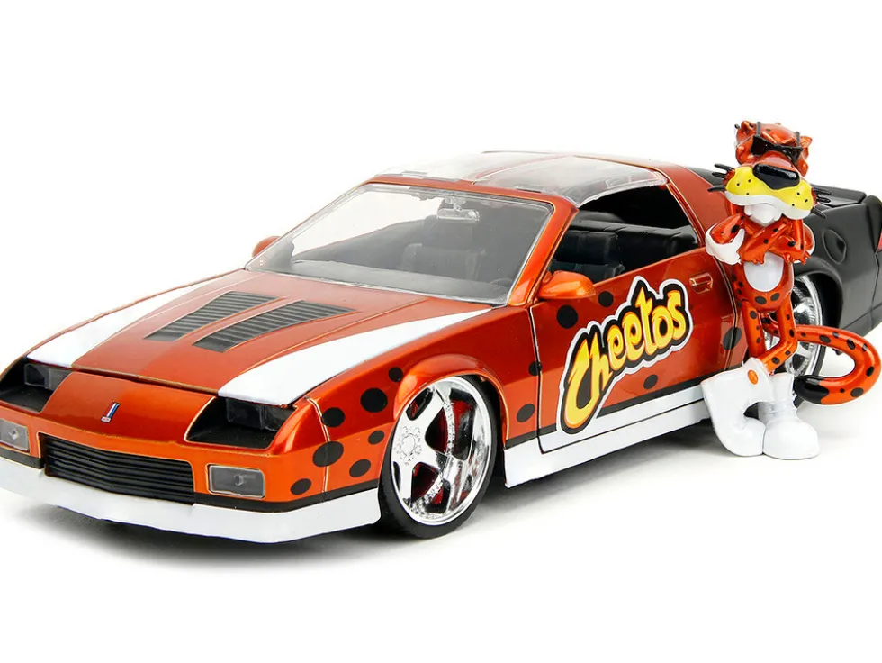 1985 Chevrolet Camaro Z 28 Orange Metallic with Graphics and Chester Cheetah Diecast Figure Cheetos Hollywood Rides Series 1/24 Diecast Model Car Jada 34384