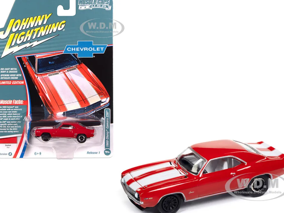 1969 Chevrolet Camaro Z28 Red with White Stripes and Interior "Muscle Cars USA" Series 1/64 Diecast Model Car by Johnny Lightning