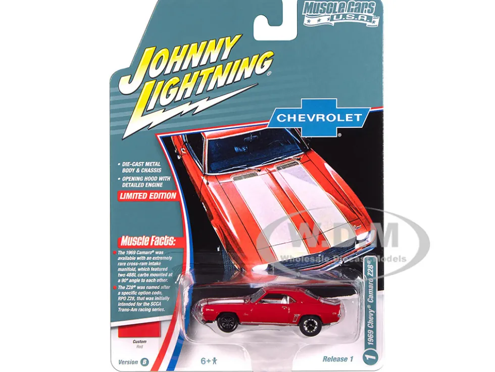 1969 Chevrolet Camaro Z28 Red with White Stripes and Interior "Muscle Cars USA" Series 1/64 Diecast Model Car by Johnny Lightning