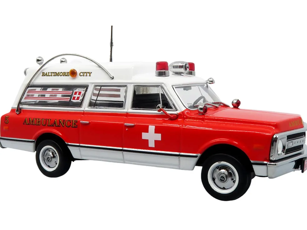 1969 Chevrolet C-10 Ambulance "Baltimore City Fire Department" White and Red "5 Alarm" Series Limited Edition 1/50 Diecast Model by Iconic Replicas