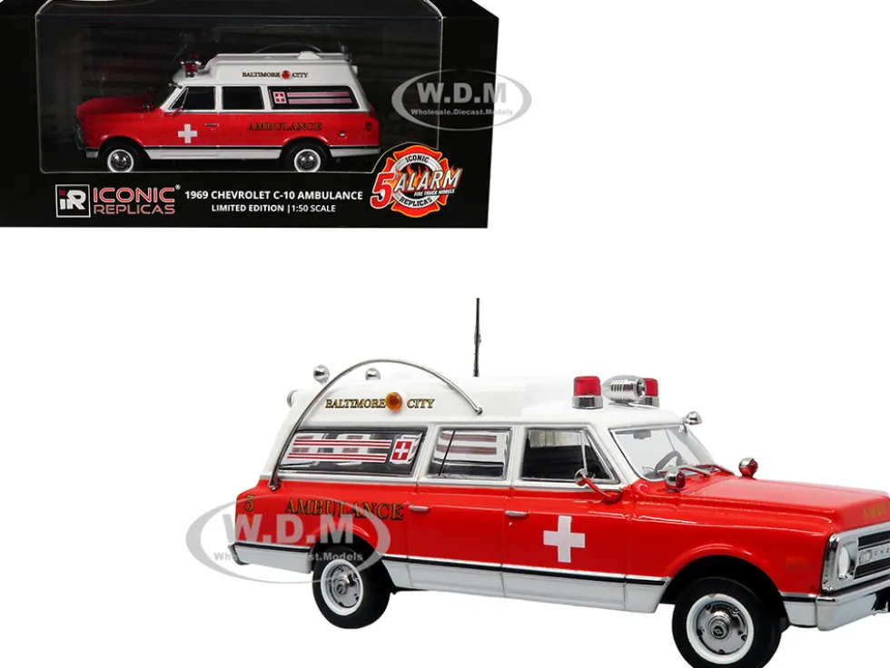 1969 Chevrolet C-10 Ambulance "Baltimore City Fire Department" White and Red "5 Alarm" Series Limited Edition 1/50 Diecast Model by Iconic Replicas