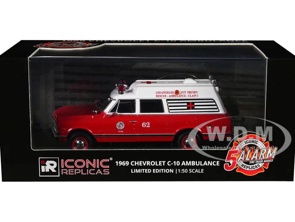 1969 Chevrolet C-10 Ambulance "Los Angeles City Fire Department" Red and White "5 Alarm" Series Limited Edition 1/50 Diecast Model by Iconic Replicas