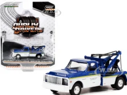 1972 Chevrolet C-30 Dually Wrecker Truck White and Blue with Yellow Stripes Goodyear Tire Testing Division Dually Drivers Series 10 1/64 Diecast Model Car Greenlight 46100B