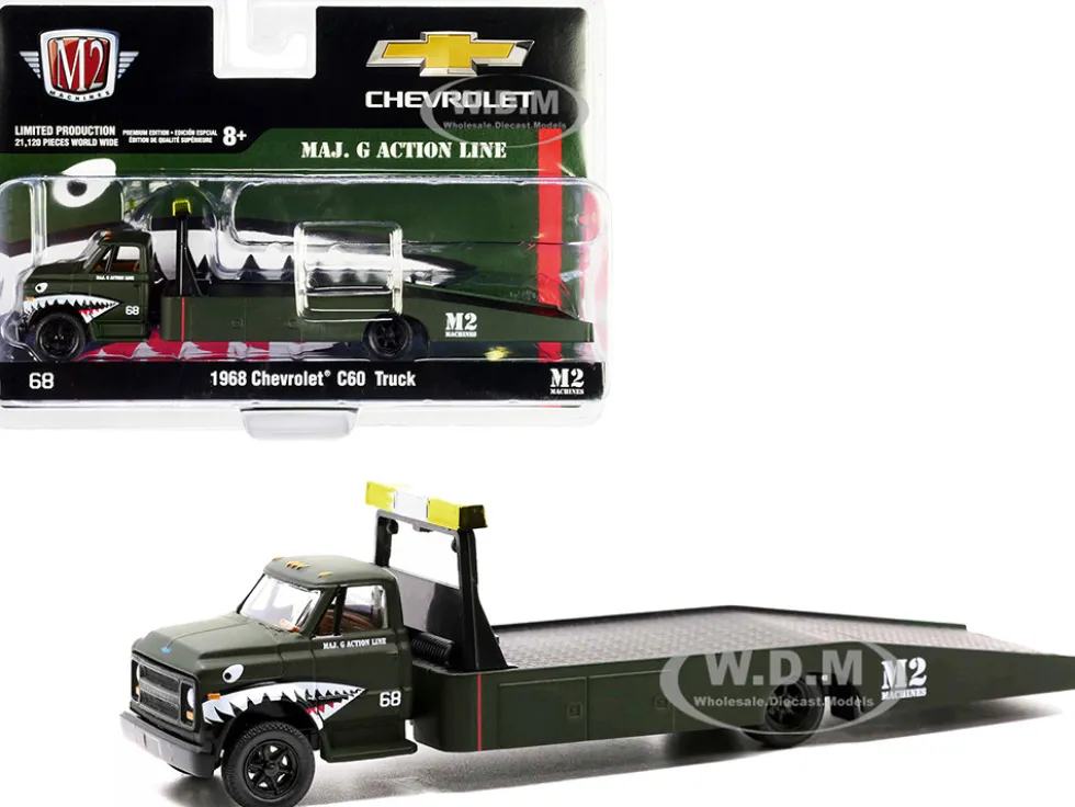1968 Chevrolet C60 Flatbed Truck #68 Matt Dark Green with Graphics Maj. G Action Line Limited Edition 21120 pieces Worldwide 1/64 Diecast Model M2 Machines 39100-HS01