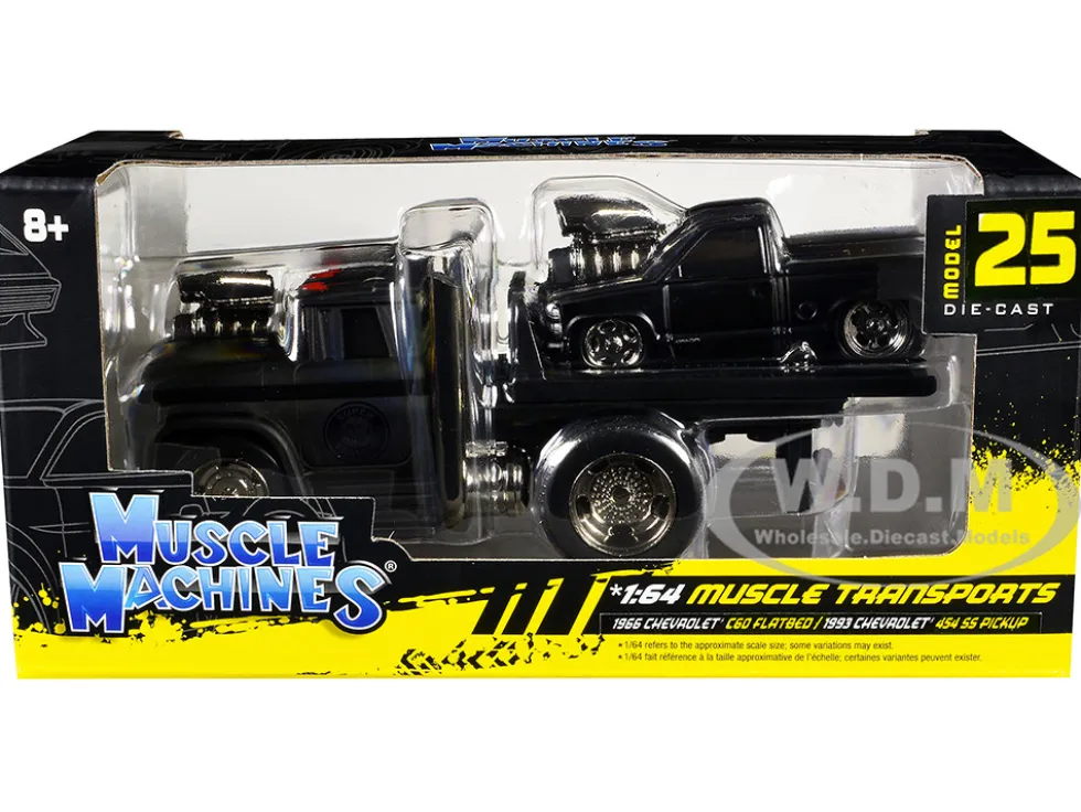 1966 Chevrolet C60 Flatbed Truck Matt Black and 1993 Chevrolet 454 SS Pickup Truck Matt Black "Muscle Transports" Series 1/64 Diecast Models by Muscle Machines
