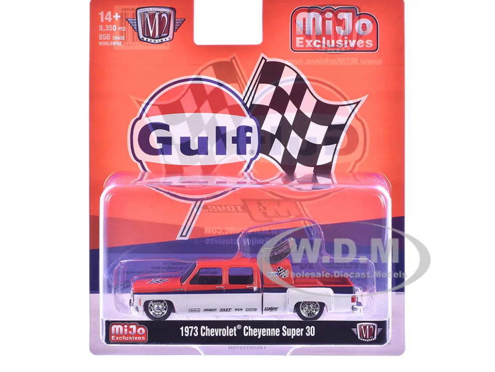 1973 Chevrolet Cheyenne Super 30 Pickup Truck "Gulf Oil" Orange and White with Blue Stripes Limited Edition to 9350 pieces Worldwide 1/64 Diecast Model Car by M2 Machines