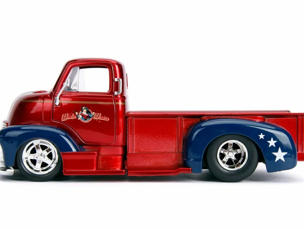 1952 Chevrolet COE Pickup Truck Red Blue Wonder Woman Diecast Figure DC Comics Bombshells Series 1/24 Diecast Model Car Jada 30453