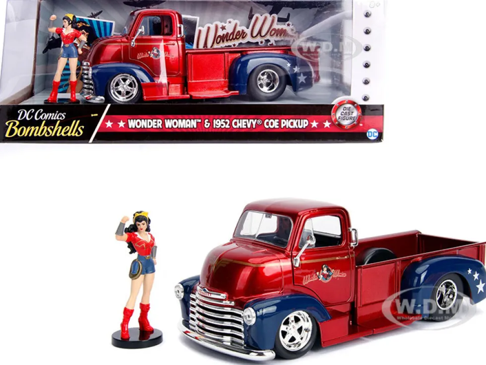 1952 Chevrolet COE Pickup Truck Red Blue Wonder Woman Diecast Figure DC Comics Bombshells Series 1/24 Diecast Model Car Jada 30453