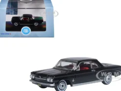 1963 Chevrolet Corvair Coupe Tuxedo Black with Red Interior 1/87 (HO) Scale Diecast Model Car by Oxford Diecast