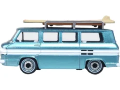 1961 Chevrolet Corvair Greenbrier Passenger Wagon Van Turquoise Metallic and Cameo White with Surfboards on Roof 1/87 (HO) Scale Diecast Model Car by Oxford Diecast