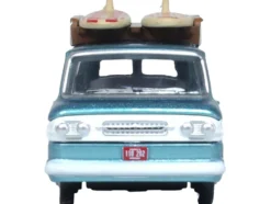 1961 Chevrolet Corvair Greenbrier Passenger Wagon Van Turquoise Metallic and Cameo White with Surfboards on Roof 1/87 (HO) Scale Diecast Model Car by Oxford Diecast