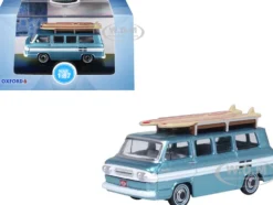 1961 Chevrolet Corvair Greenbrier Passenger Wagon Van Turquoise Metallic and Cameo White with Surfboards on Roof 1/87 (HO) Scale Diecast Model Car by Oxford Diecast