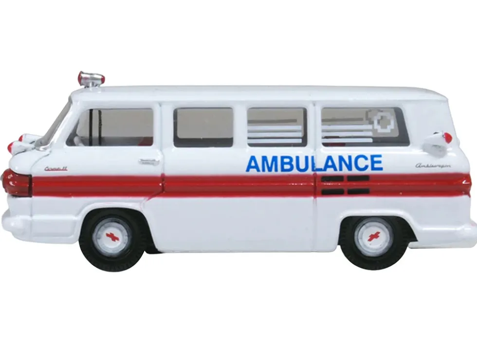 1962 Chevrolet Corvair Greenbrier AmbleWagon Ambulance White with Red Stripes 1/87 (HO) Scale Diecast Model Car by Oxford Diecast