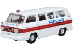 1962 Chevrolet Corvair Greenbrier AmbleWagon Ambulance White with Red Stripes 1/87 (HO) Scale Diecast Model Car by Oxford Diecast