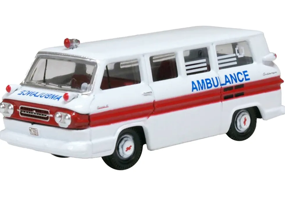 1962 Chevrolet Corvair Greenbrier AmbleWagon Ambulance White with Red Stripes 1/87 (HO) Scale Diecast Model Car by Oxford Diecast