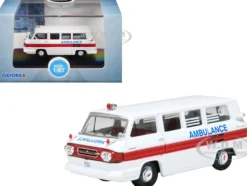 1962 Chevrolet Corvair Greenbrier AmbleWagon Ambulance White with Red Stripes 1/87 (HO) Scale Diecast Model Car by Oxford Diecast