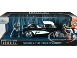 1957 Chevrolet Corvette Black White Top Wolfman Diecast Figure Universal Monsters Hollywood Rides Series 1/24 Diecast Model Car Jada 32195