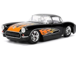 1957 Chevrolet Corvette Black with Flame Graphics and White Interior 