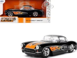 1957 Chevrolet Corvette Black with Flame Graphics and White Interior 