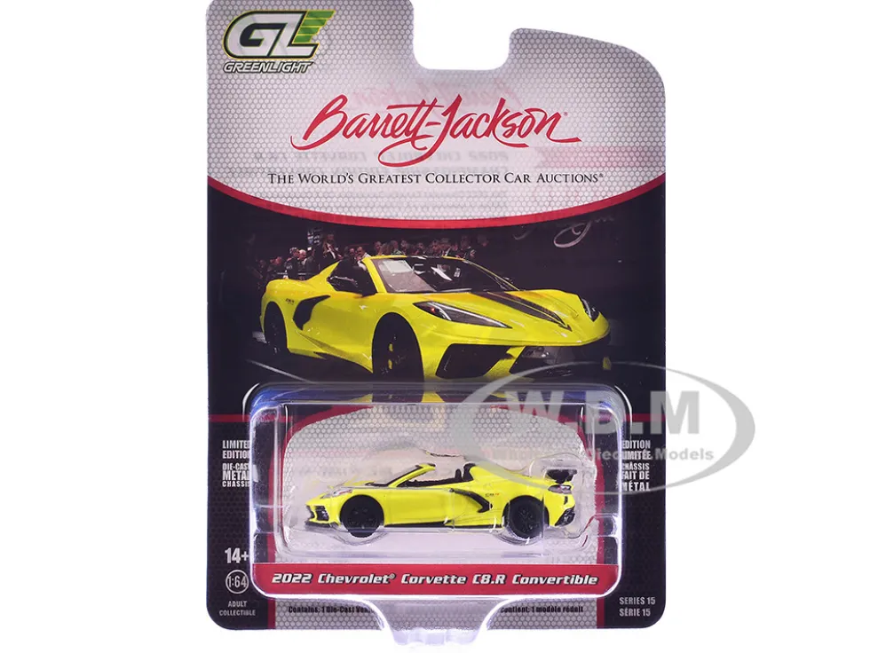 2022 Chevrolet Corvette C8.R Convertible Yellow with Silver Stripes "Barrett-Jackson" Series 15 1/64 Diecast Model Car by Greenlight
