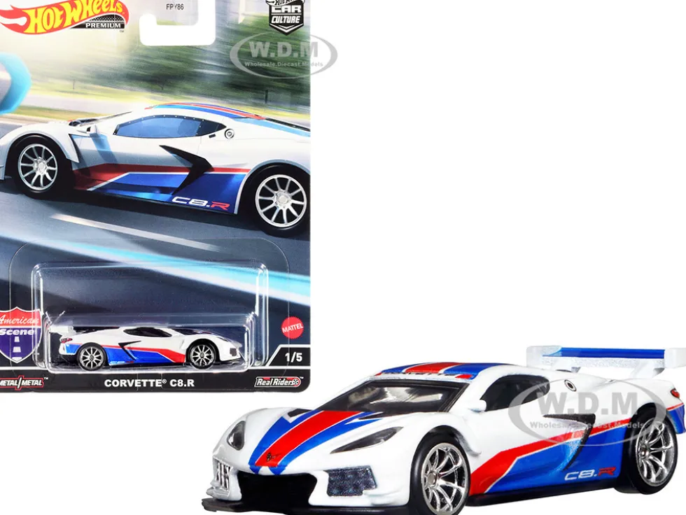 Chevrolet Corvette C8.R Pearl White Red and Blue Stripes American Scene Car Culture Series Diecast Model Car Hot Wheels HCK03